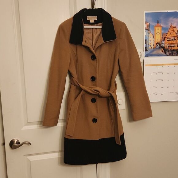 Michael Kors Women's Tan Brown & Black Wool-Blend Pea Coat w/ Sash Size M - Picture 1 of 9